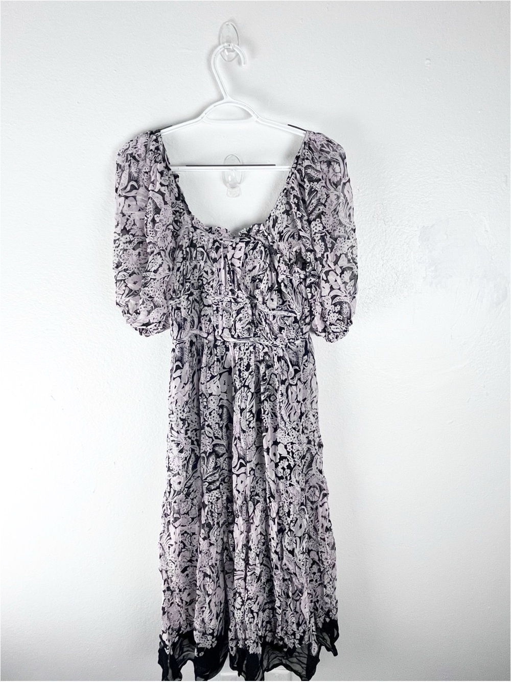 ANTHROPOLOGIE Black Squareneck Sheer Puff Sleeves Smocked Back Tie Midi Dress XS